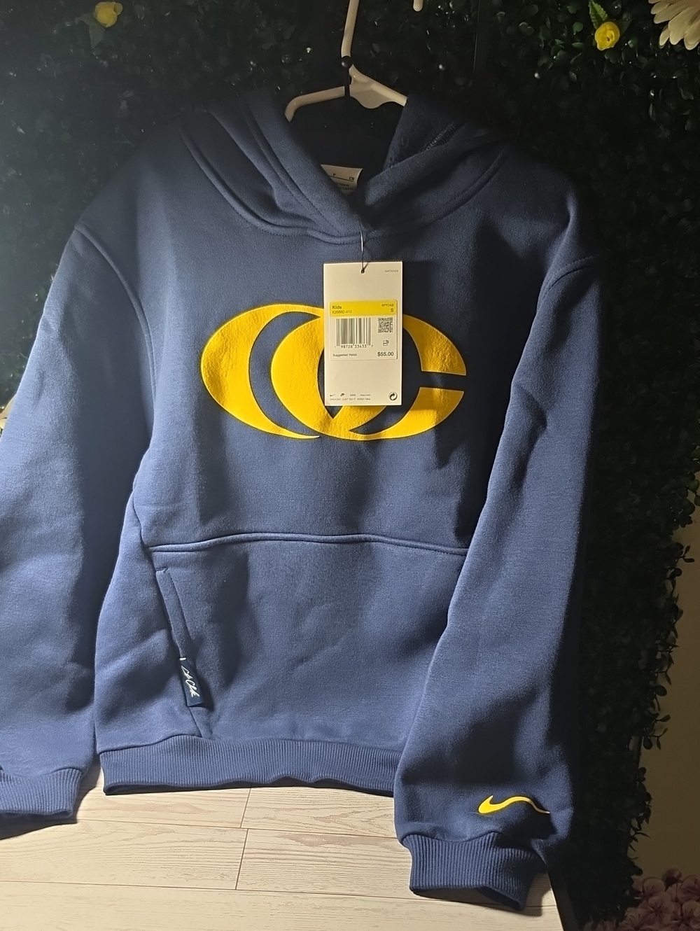 Kids Nike Navy Blue Crewneck Hoodie with Yellow Logo